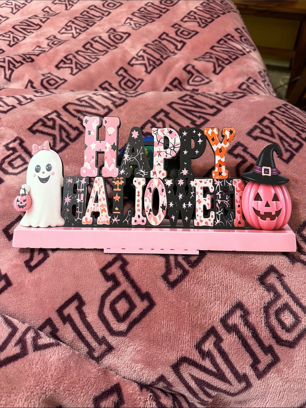 Pink Happy Halloween Table Sign - Festive Pink Home Party Decor